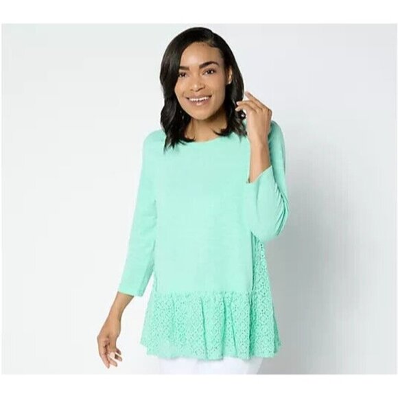 LOGO by Lori Goldstein Cotton Slub Jersey with Ruffle Lace Top Size 1X A652874 - Picture 1 of 1